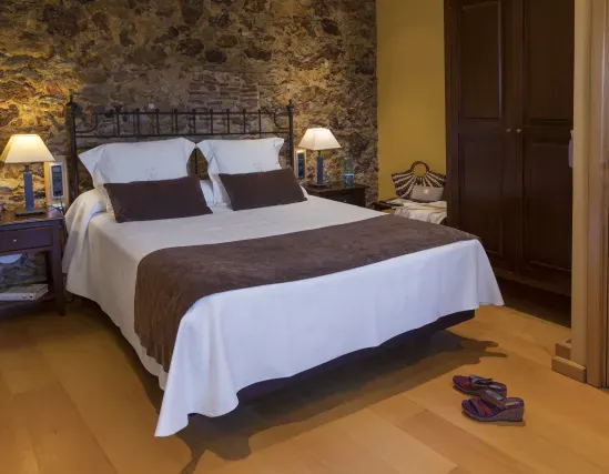 Rooms with stone walls and historical details